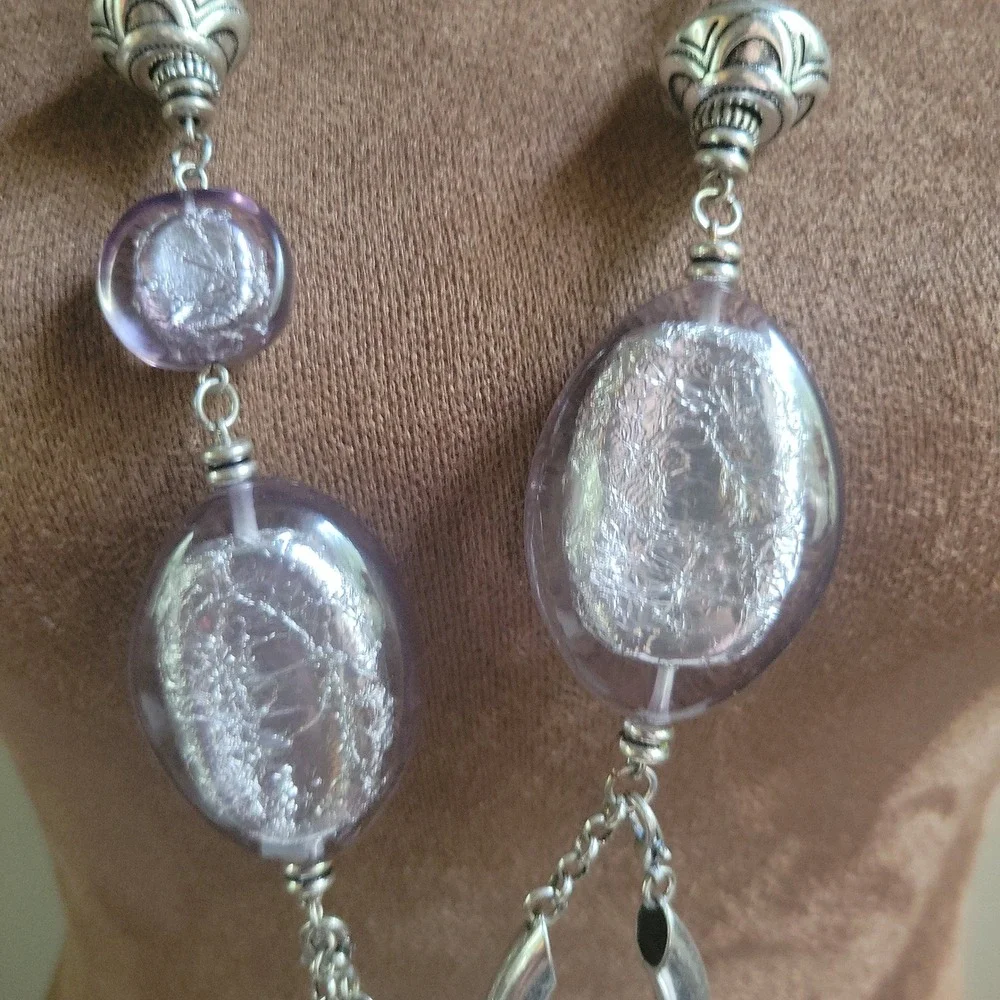 Silver Foil Lucite Bead Chunky Link‎ Statement Necklace Whimsical
